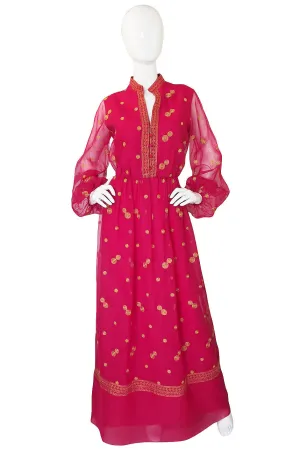 1960s Pink Chiffon & Gold Mexican Dress