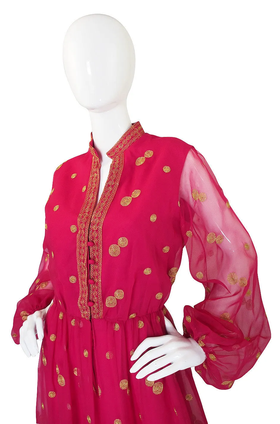 1960s Pink Chiffon & Gold Mexican Dress