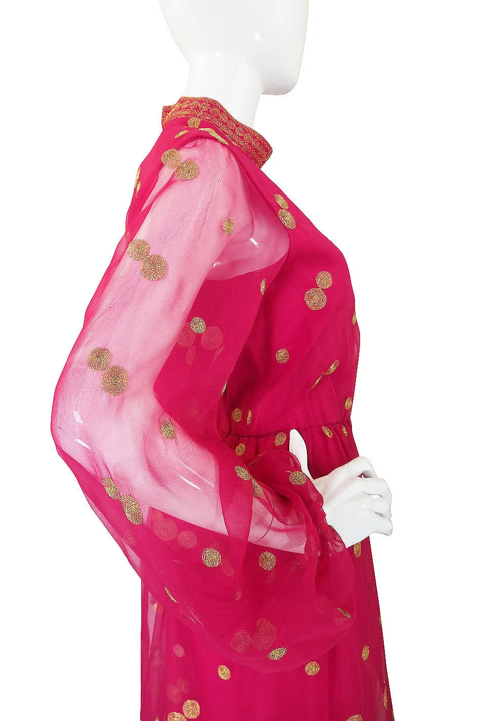 1960s Pink Chiffon & Gold Mexican Dress