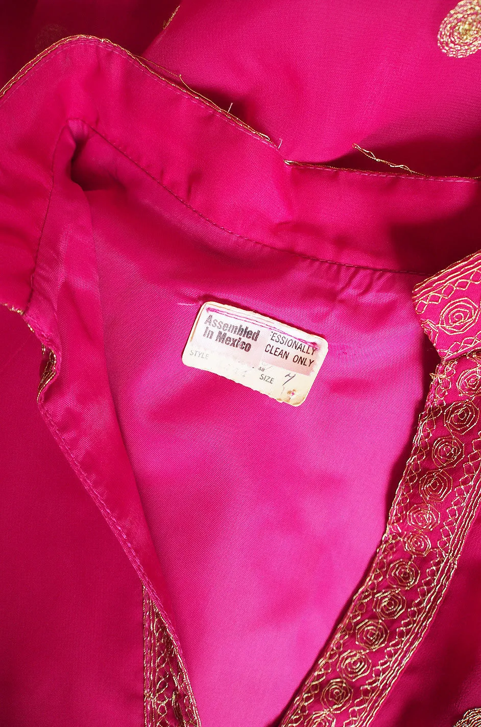 1960s Pink Chiffon & Gold Mexican Dress