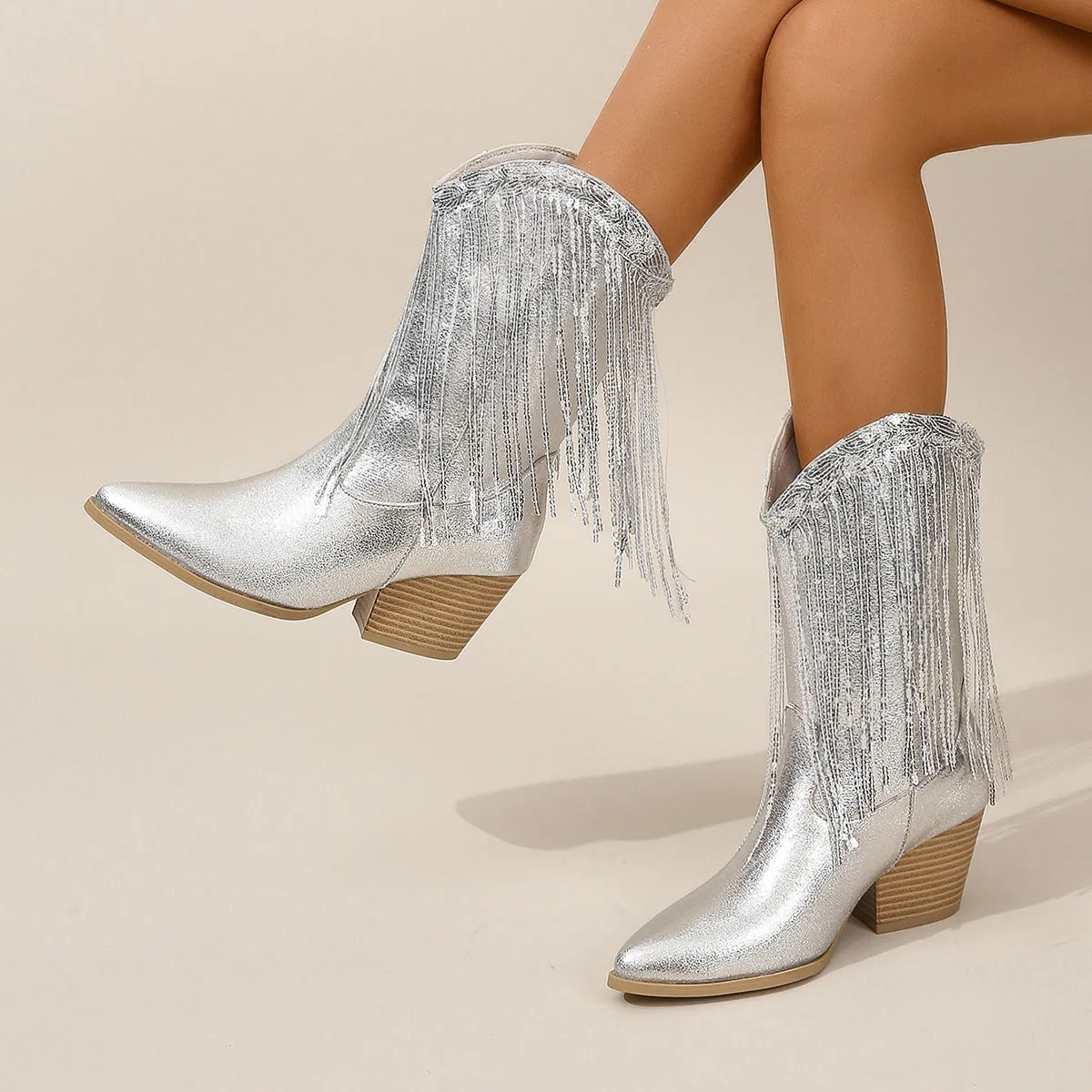 ABOTT - Silver Fringe Cowboy Ankle Boots