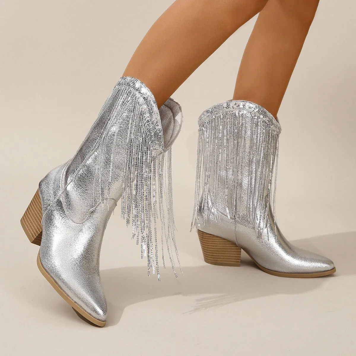 ABOTT - Silver Fringe Cowboy Ankle Boots