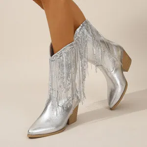 ABOTT - Silver Fringe Cowboy Ankle Boots