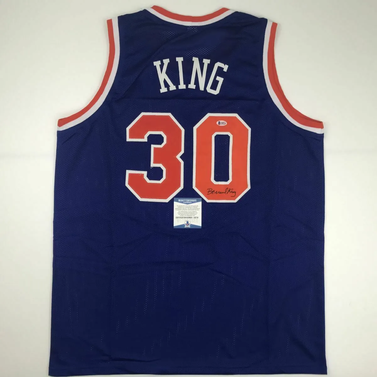 Autographed/Signed BERNARD KING New York Blue Basketball Jersey Beckett BAS COA