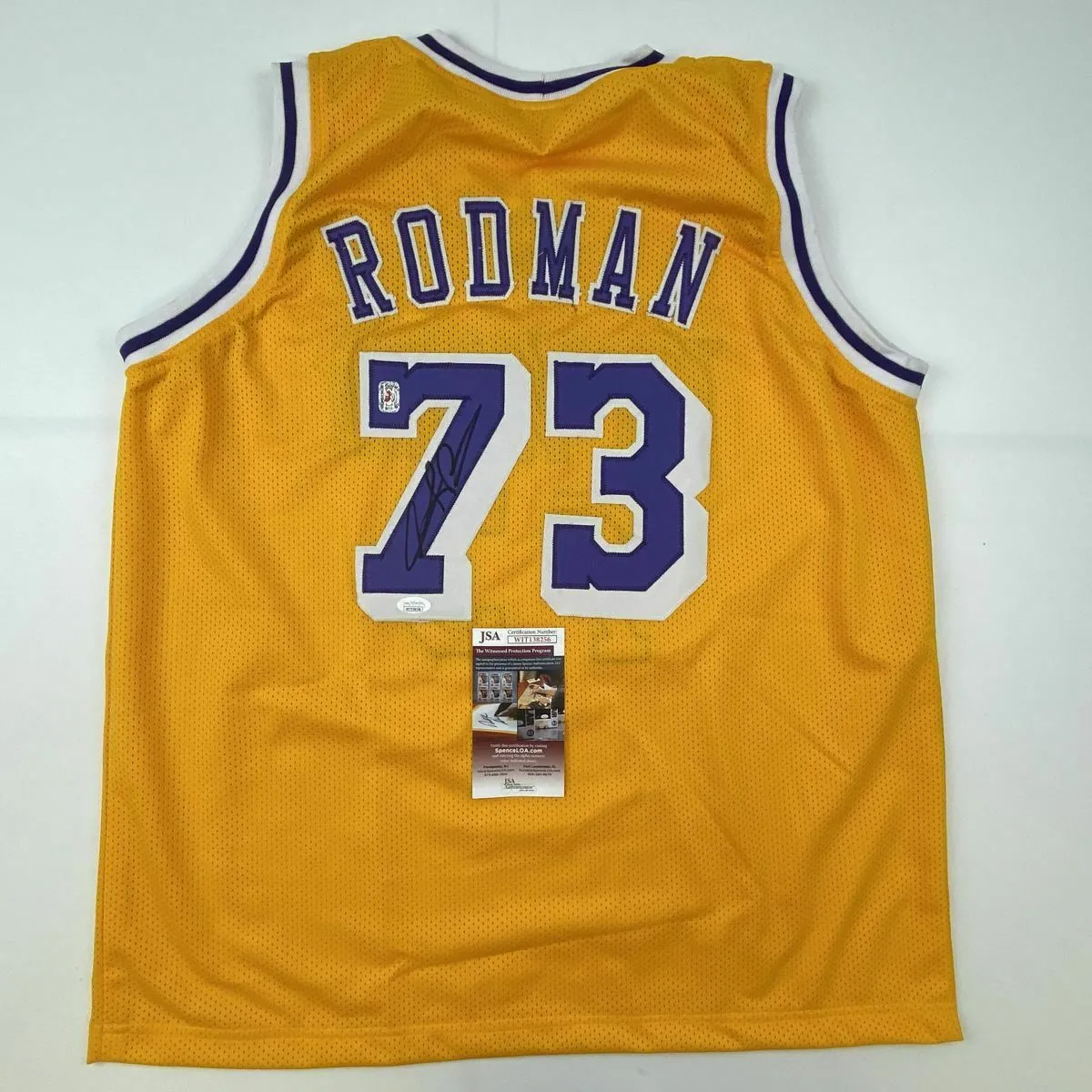Autographed/Signed DENNIS RODMAN Los Angeles Yellow Basketball Jersey JSA COA #2
