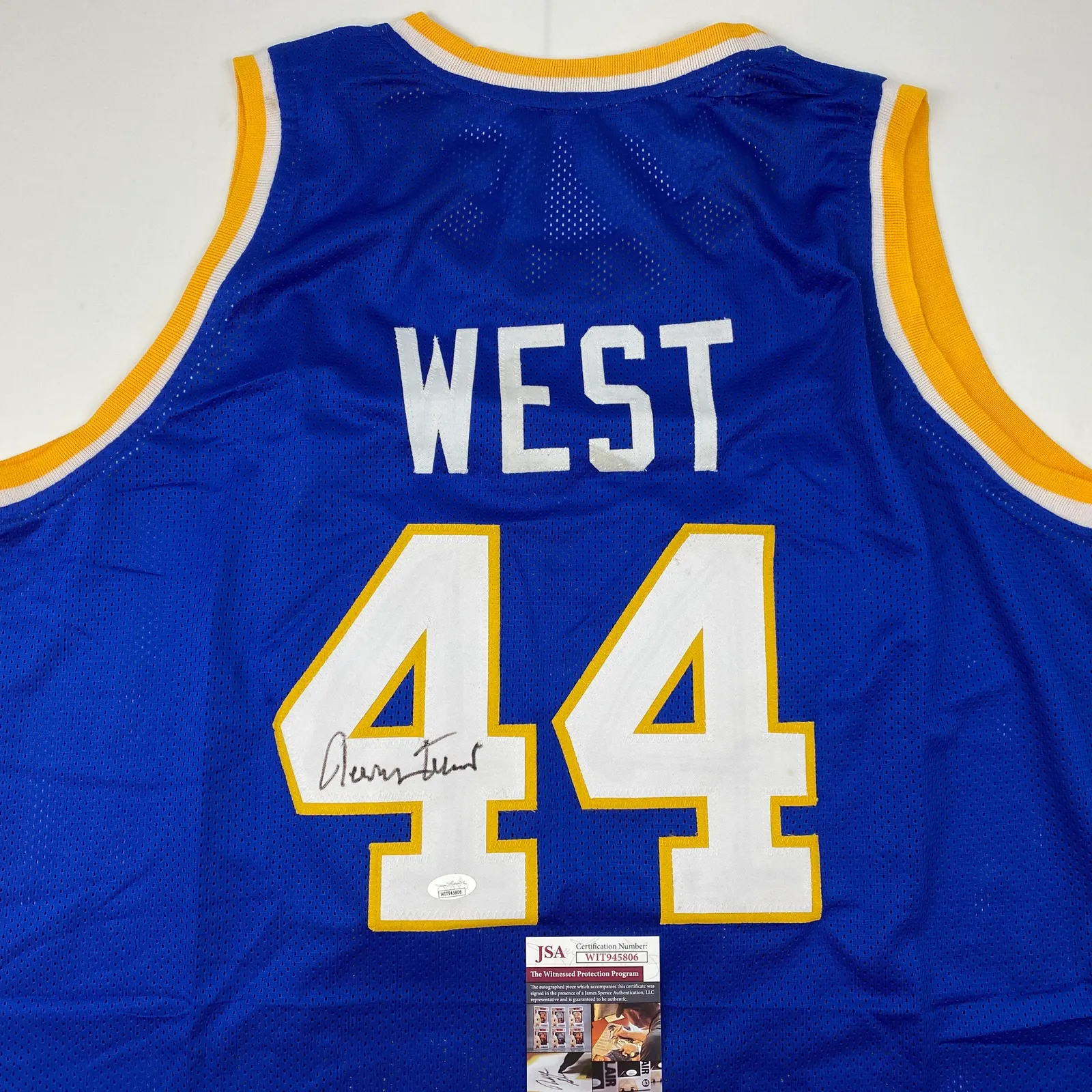 Autographed/Signed Jerry West West Virginia Blue College Basketball Jersey JSA C