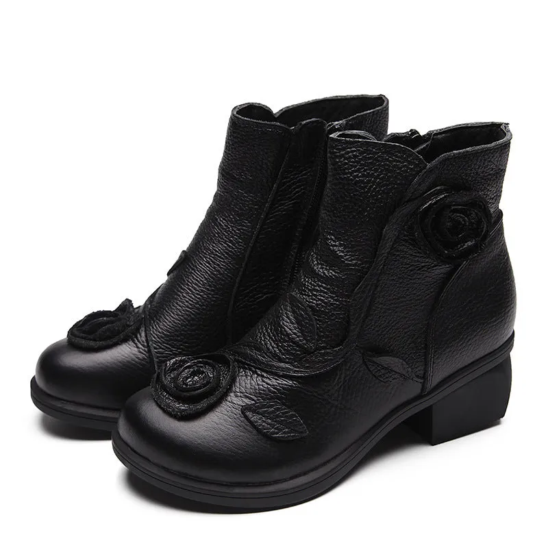 Autumn/Winter Chunky Heel Leather Martin Boots Hand-stitched Floral Ankle Boots