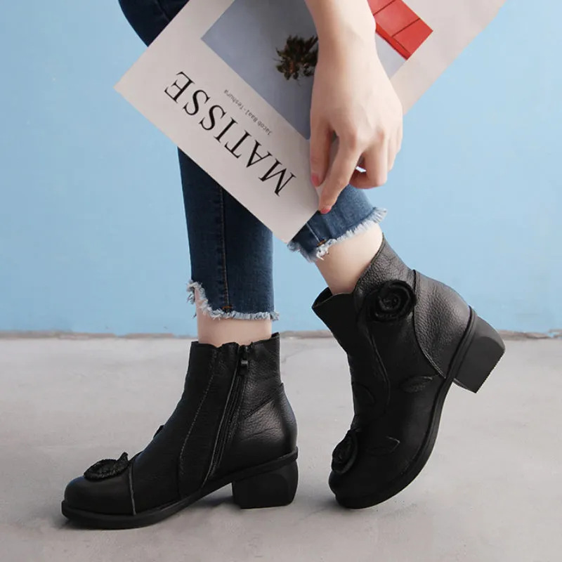 Autumn/Winter Chunky Heel Leather Martin Boots Hand-stitched Floral Ankle Boots