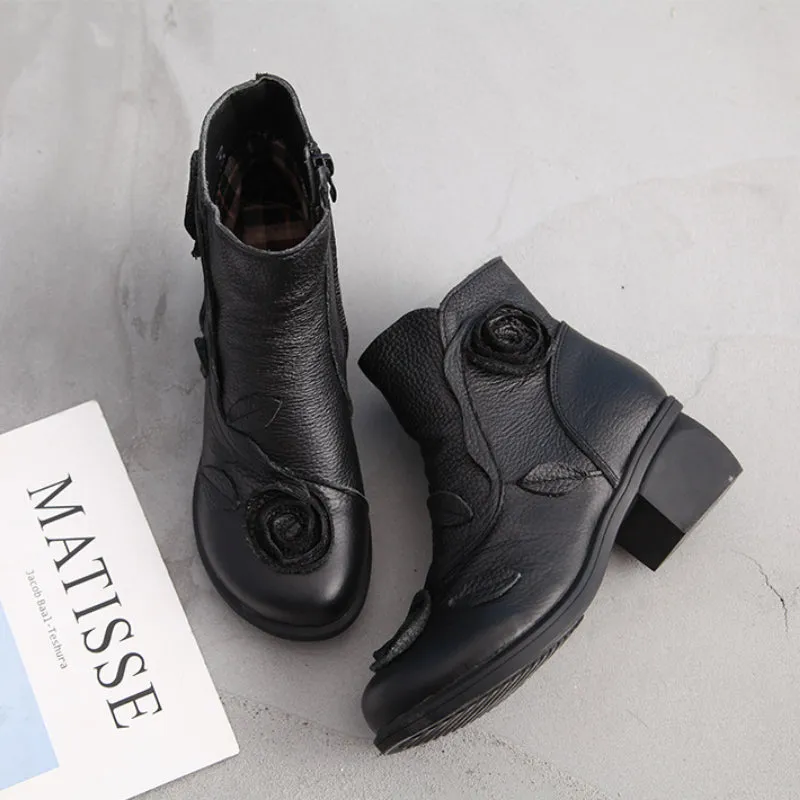 Autumn/Winter Chunky Heel Leather Martin Boots Hand-stitched Floral Ankle Boots