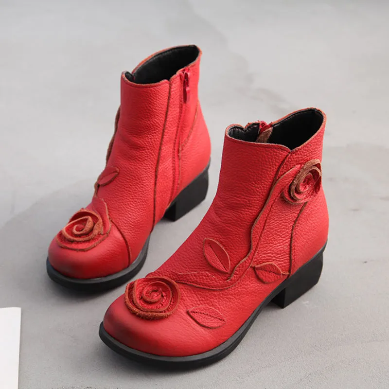 Autumn/Winter Chunky Heel Leather Martin Boots Hand-stitched Floral Ankle Boots
