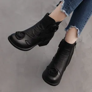 Autumn/Winter Chunky Heel Leather Martin Boots Hand-stitched Floral Ankle Boots