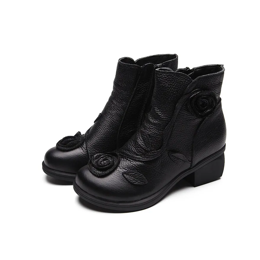 Autumn/Winter Chunky Heel Leather Martin Boots Hand-stitched Floral Ankle Boots