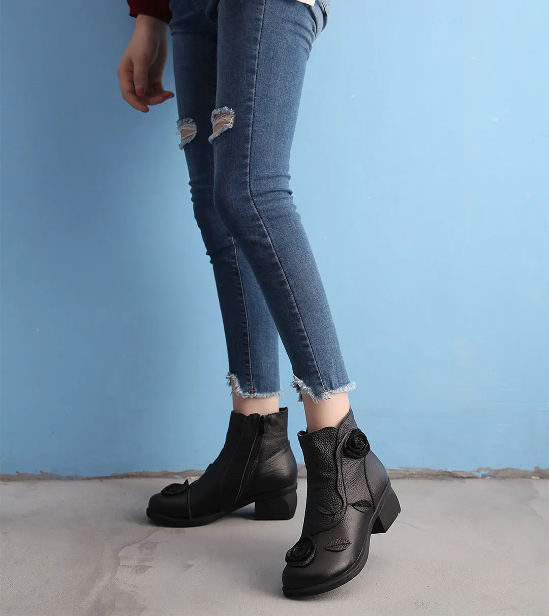 Autumn/Winter Chunky Heel Leather Martin Boots Hand-stitched Floral Ankle Boots