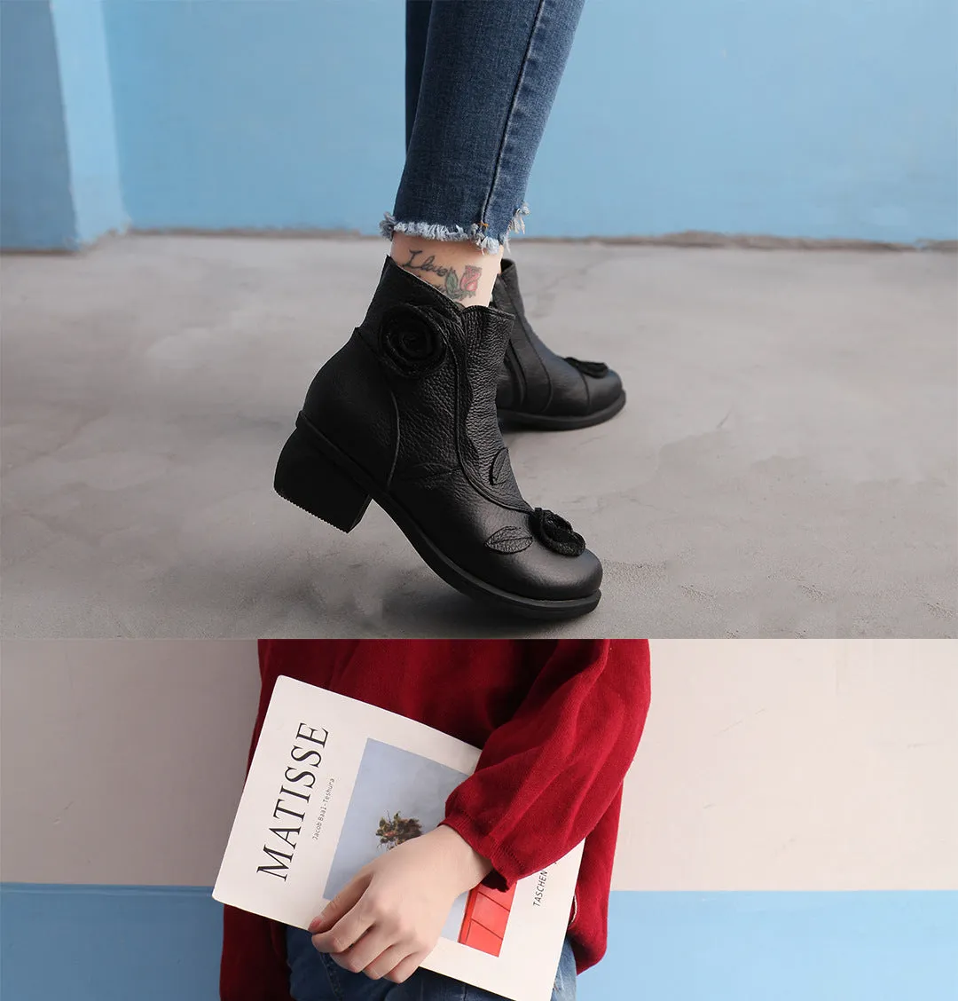 Autumn/Winter Chunky Heel Leather Martin Boots Hand-stitched Floral Ankle Boots