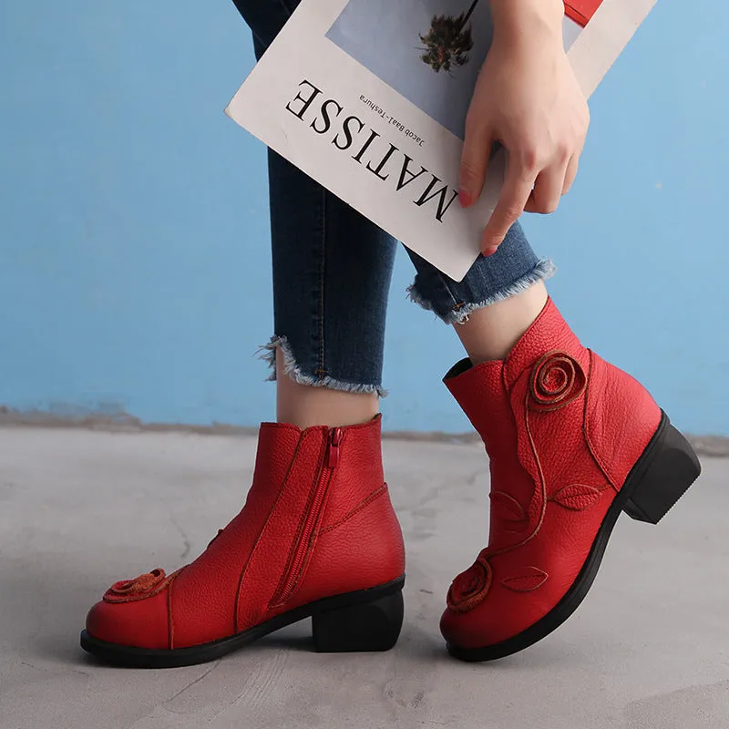 Autumn/Winter Chunky Heel Leather Martin Boots Hand-stitched Floral Ankle Boots