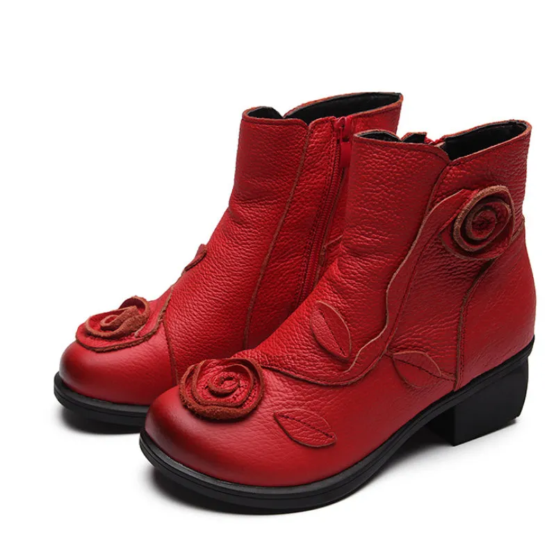 Autumn/Winter Chunky Heel Leather Martin Boots Hand-stitched Floral Ankle Boots