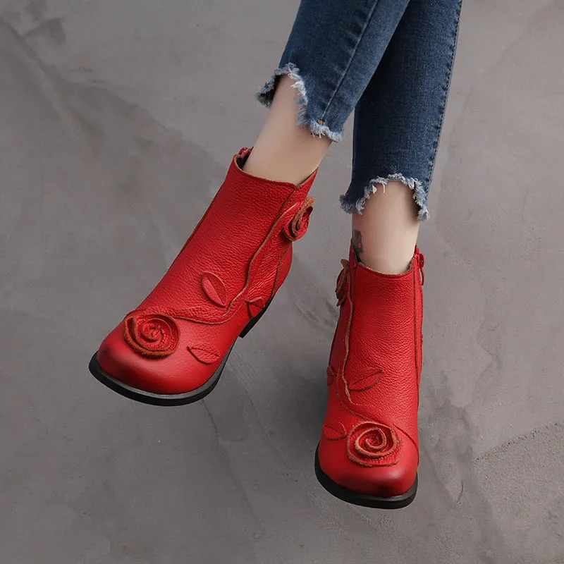 Autumn/Winter Chunky Heel Leather Martin Boots Hand-stitched Floral Ankle Boots