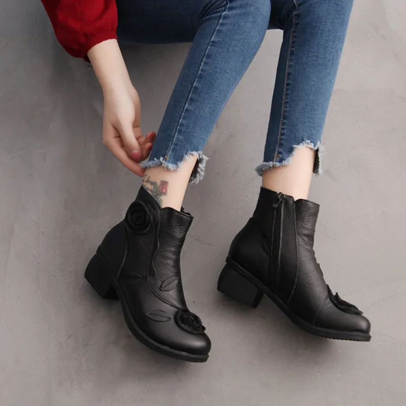 Autumn/Winter Chunky Heel Leather Martin Boots Hand-stitched Floral Ankle Boots