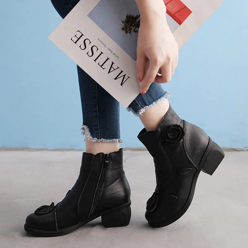 Autumn/Winter Chunky Heel Leather Martin Boots Hand-stitched Floral Ankle Boots