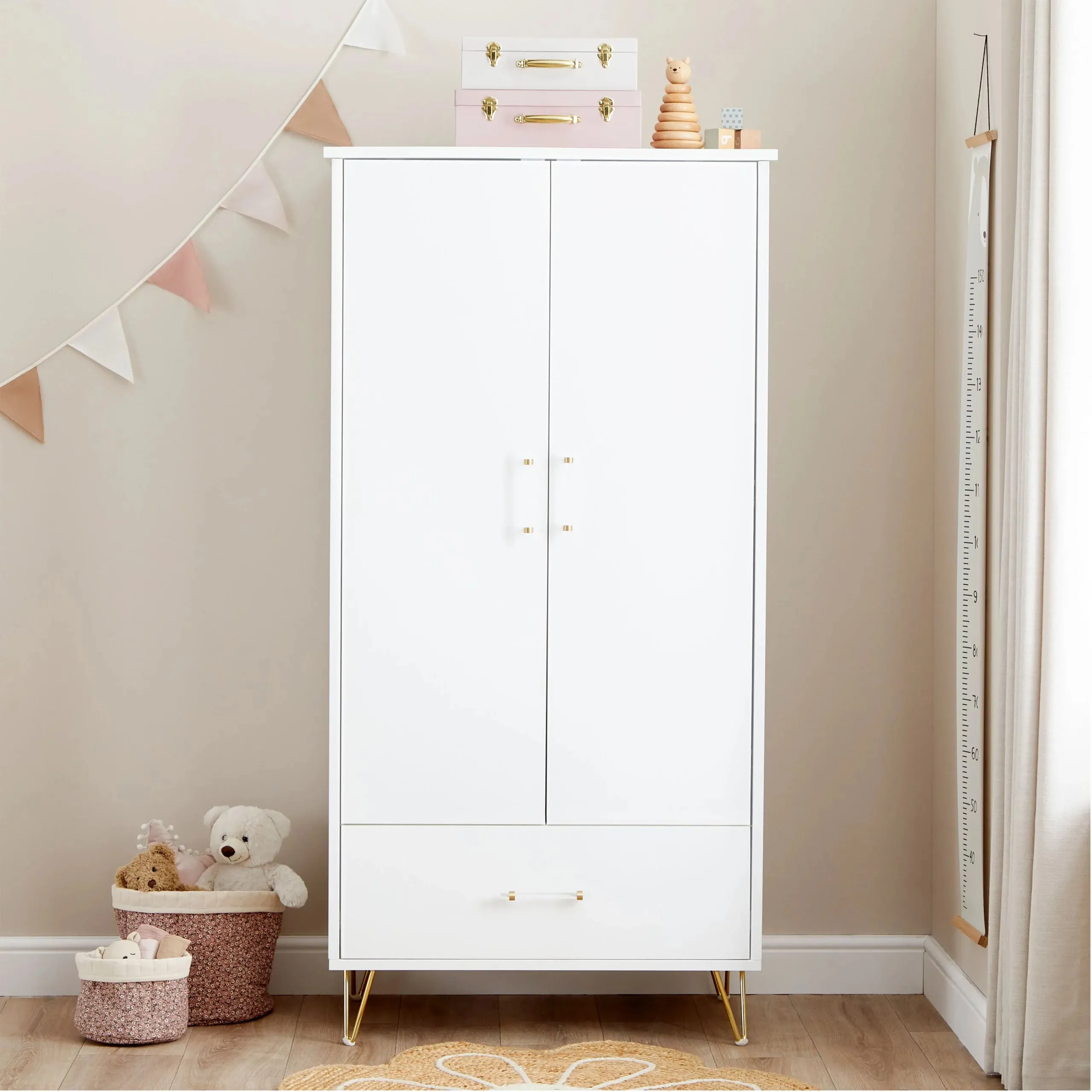 Babymore Kimi Acrylic 3 Piece Nursery Furniture Set with Cot Bed, Dresser and Wardrobe