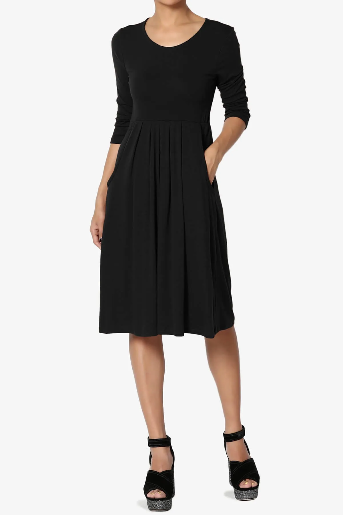 Beetle 3/4 Sleeve Pleated Jersey Dress