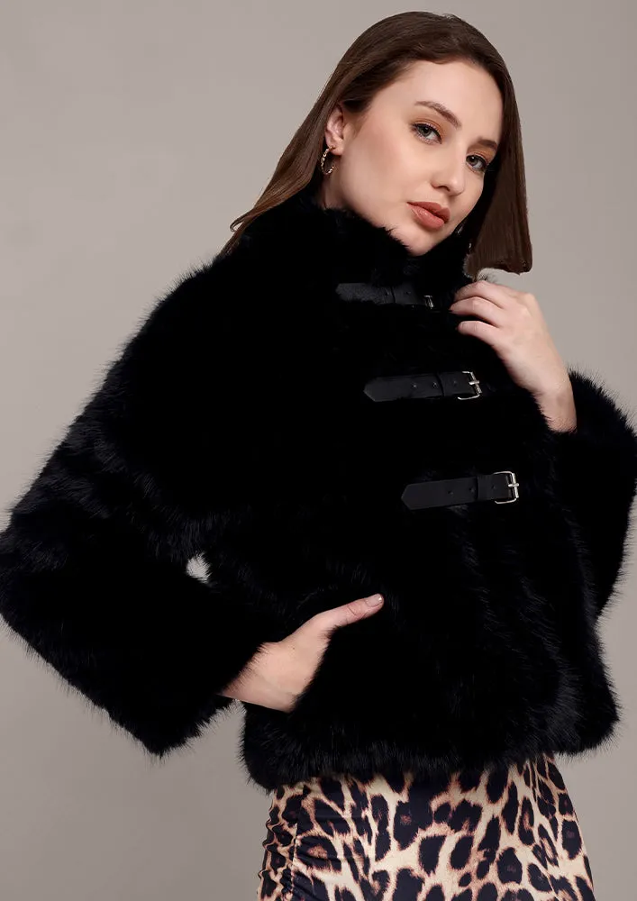 Black Fur Jacket with Front Buckle Straps