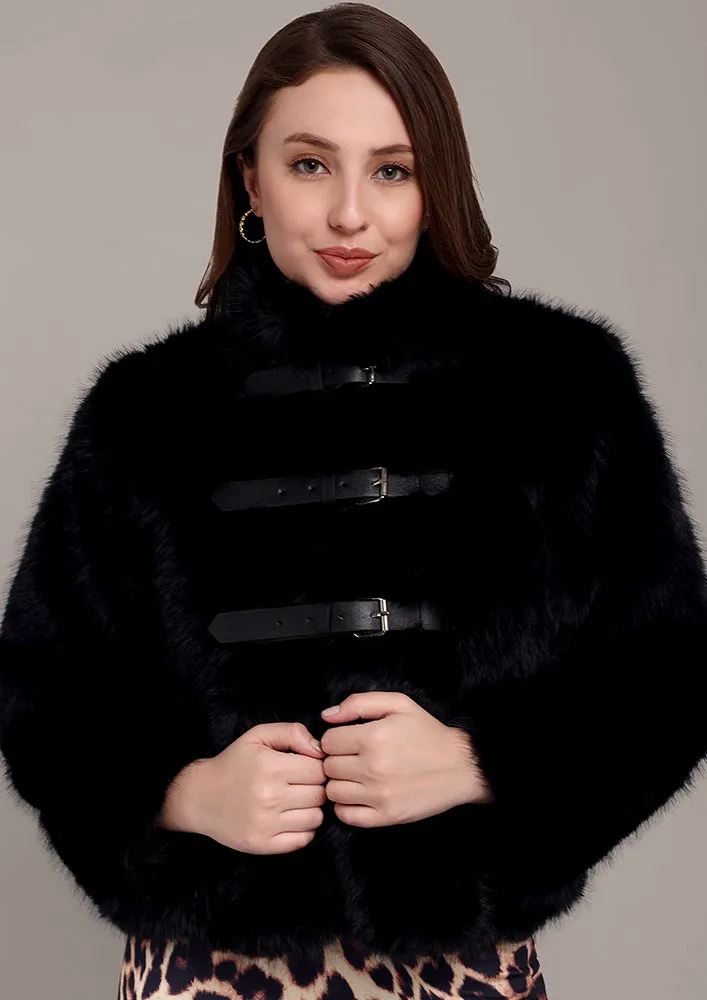 Black Fur Jacket with Front Buckle Straps