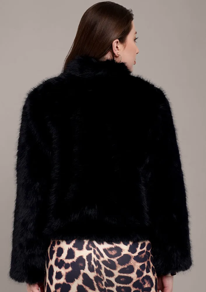 Black Fur Jacket with Front Buckle Straps