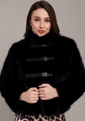 Black Fur Jacket with Front Buckle Straps