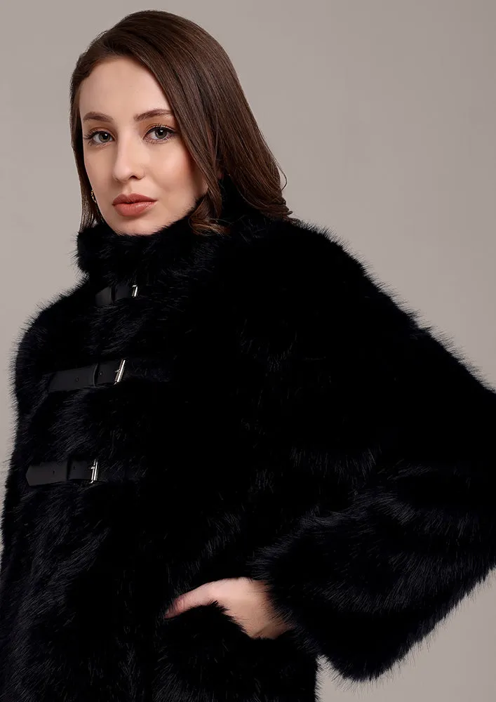 Black Fur Jacket with Front Buckle Straps