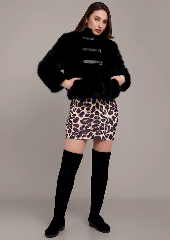 Black Fur Jacket with Front Buckle Straps