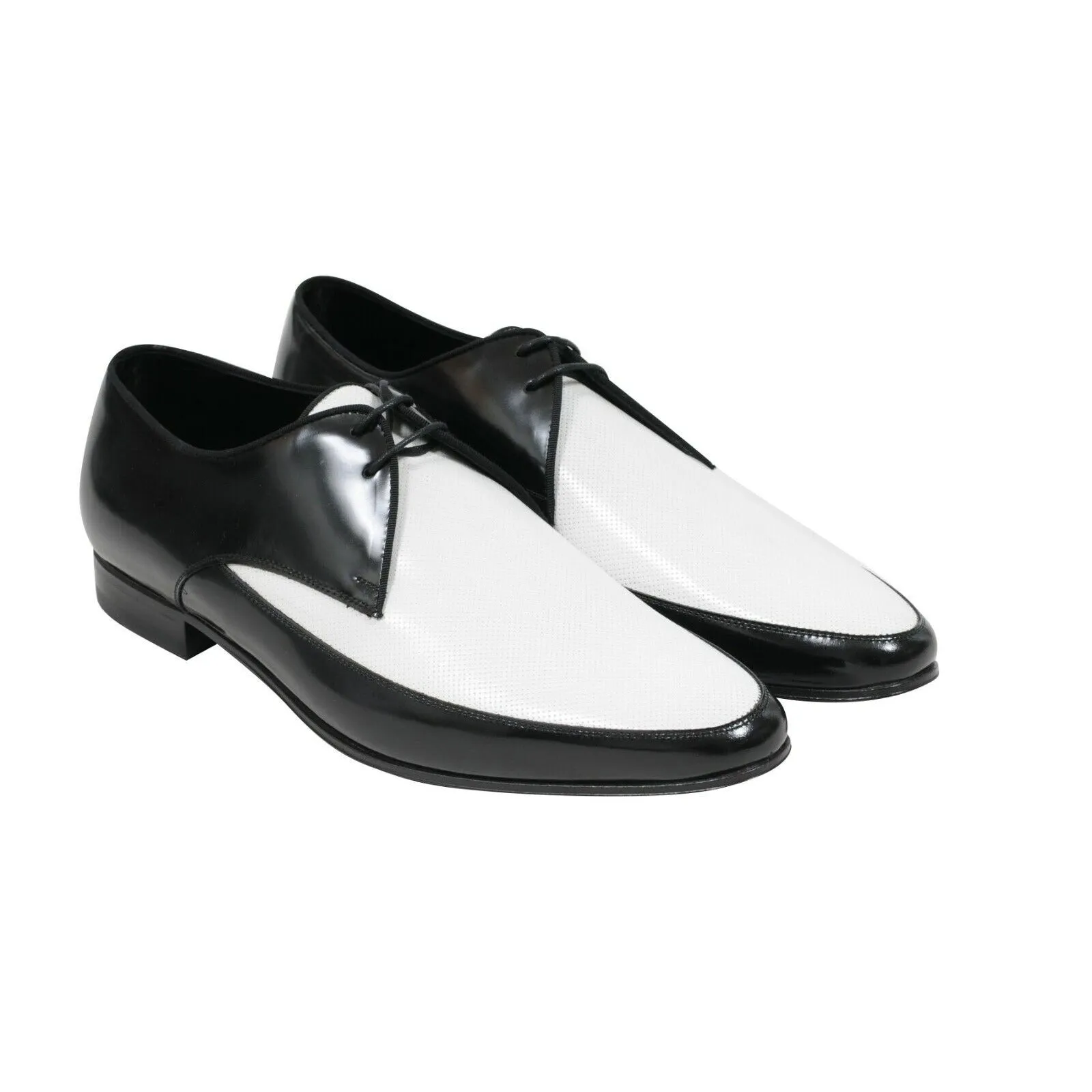 Black White Perforated Leather Speedster Dress Shoes