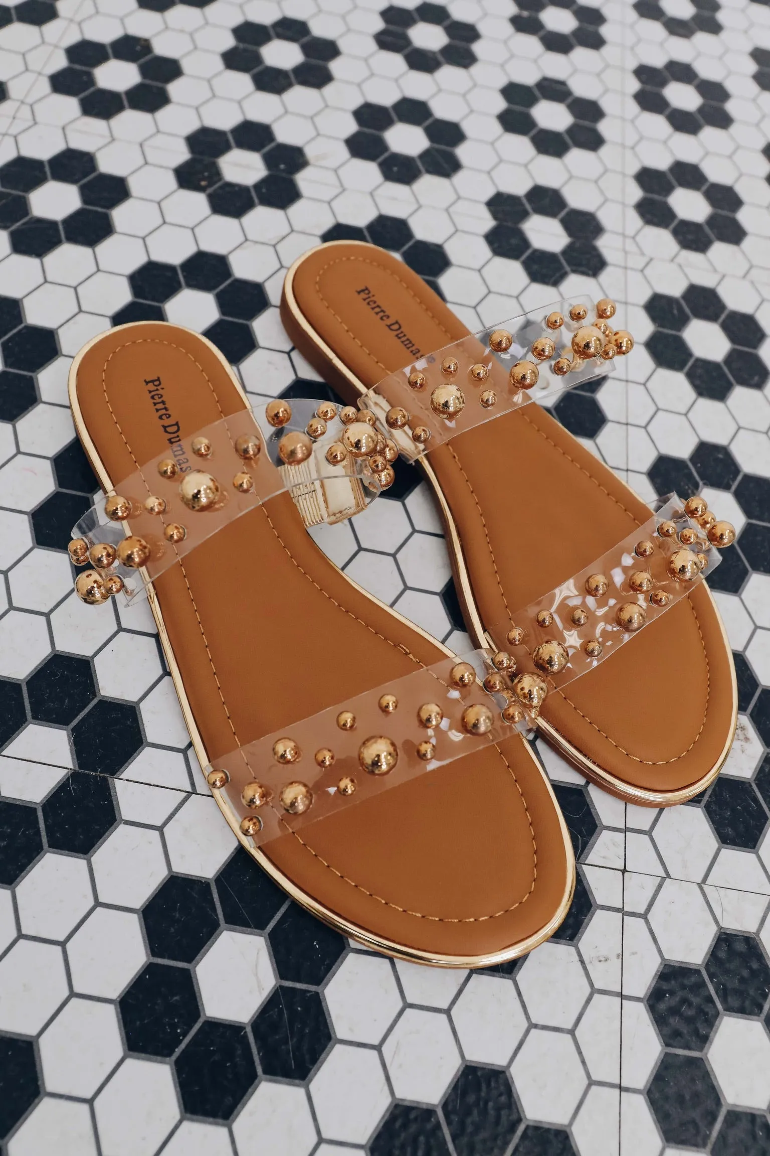 Bubble Beaded Two Band Slide Sandals- Lucite Gold