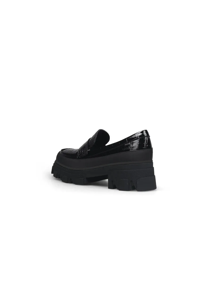 Chunky Heel Croc Pattern Loafer - Black