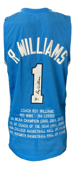 Coach Roy Williams Signed Custom Blue College Basketball Stat Jersey BAS ITP