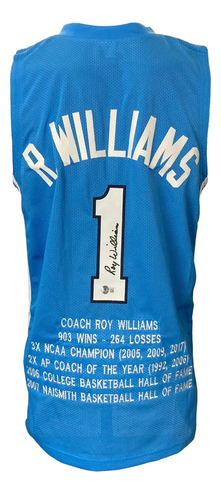 Coach Roy Williams Signed Custom Blue College Basketball Stat Jersey BAS ITP