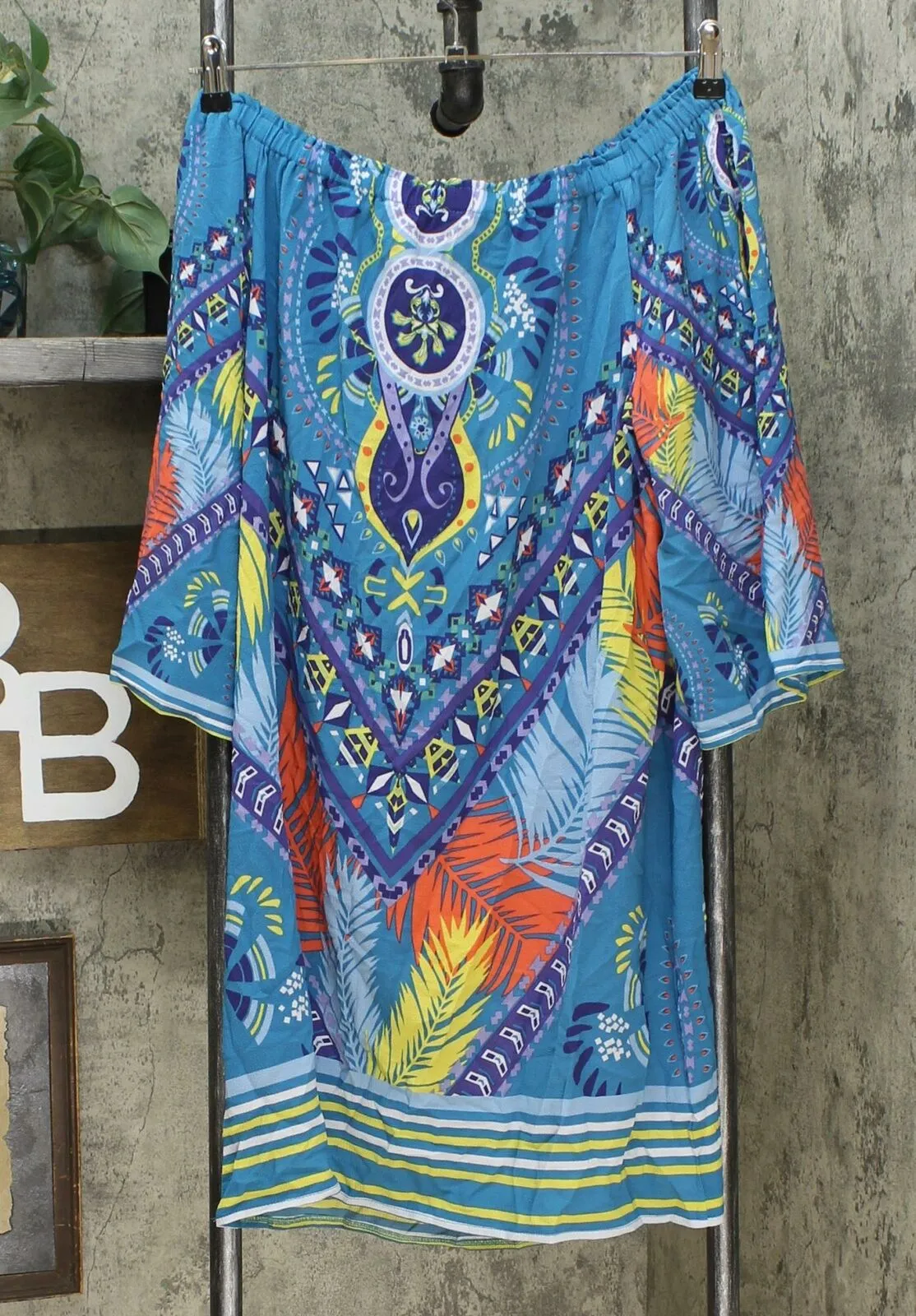 Colleen Lopez Women's Off the Shoulder Printed Shift Dress Teal Multi Large