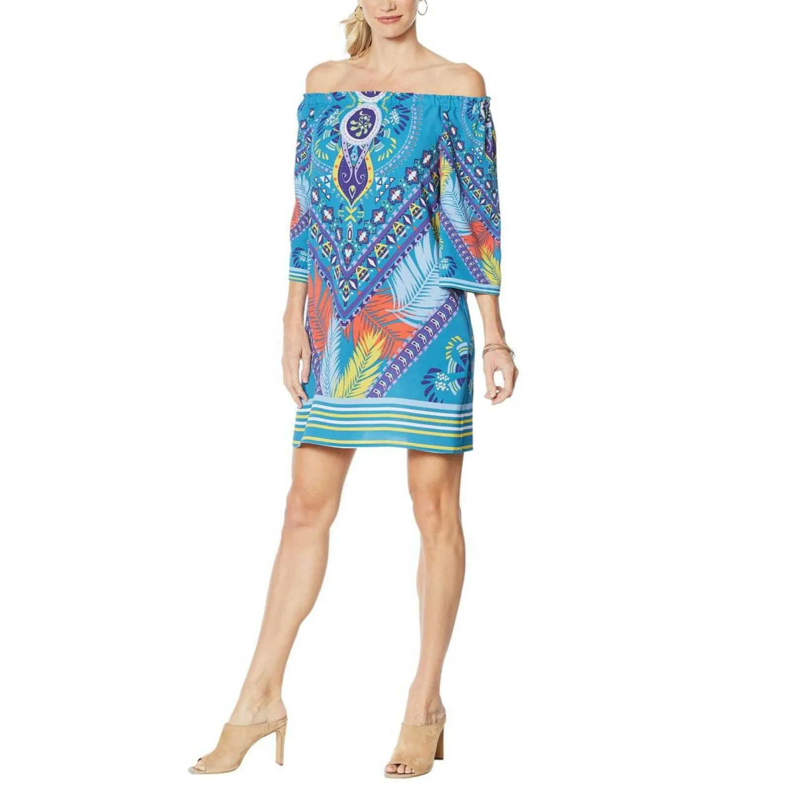 Colleen Lopez Women's Off the Shoulder Printed Shift Dress Teal Multi Large