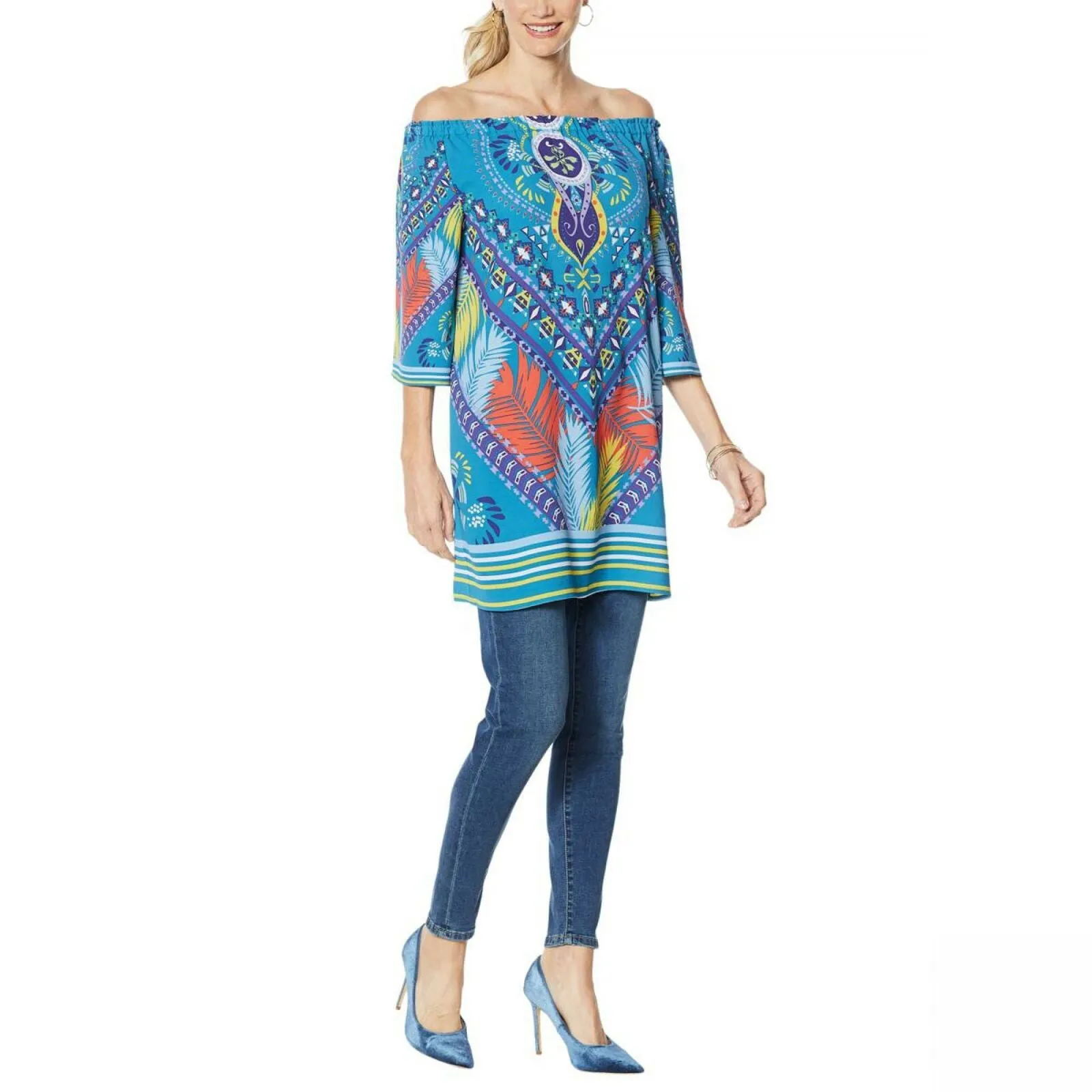 Colleen Lopez Women's Off the Shoulder Printed Shift Dress Teal Multi Large