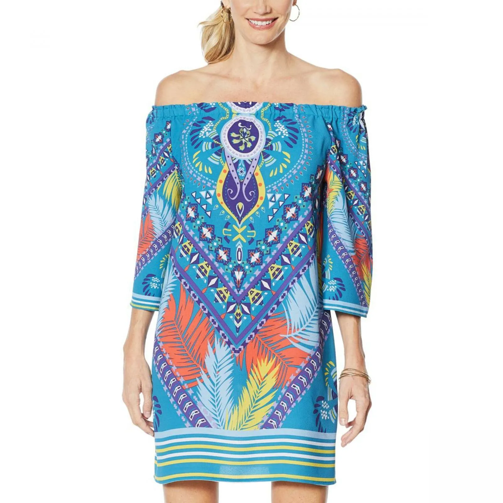 Colleen Lopez Women's Off the Shoulder Printed Shift Dress Teal Multi Large