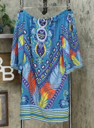 Colleen Lopez Women's Off the Shoulder Printed Shift Dress Teal Multi Large