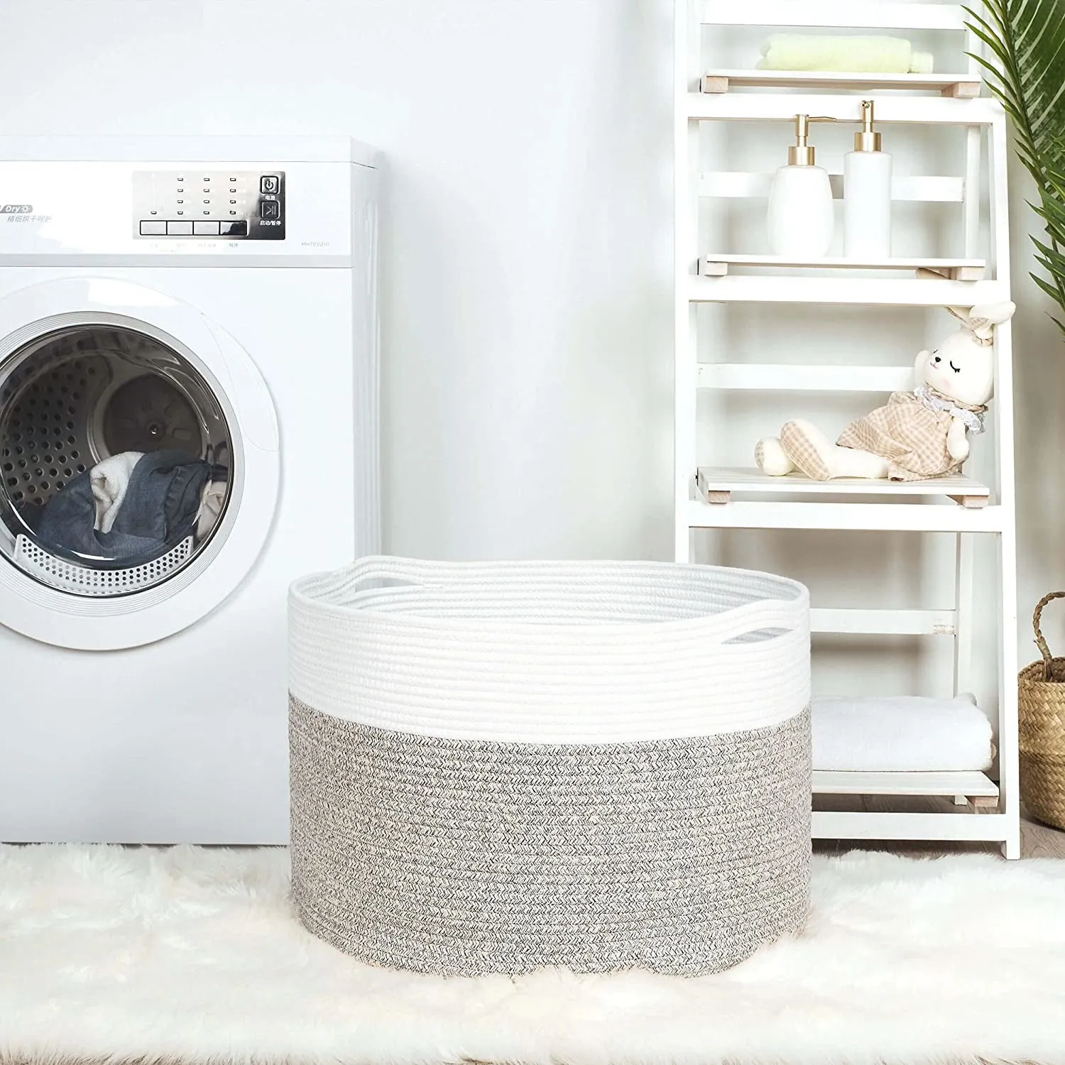 Cotton Rope Basket with Handles | 55 x 35cm | Grey/White | Toy, Laundry & Storage Basket