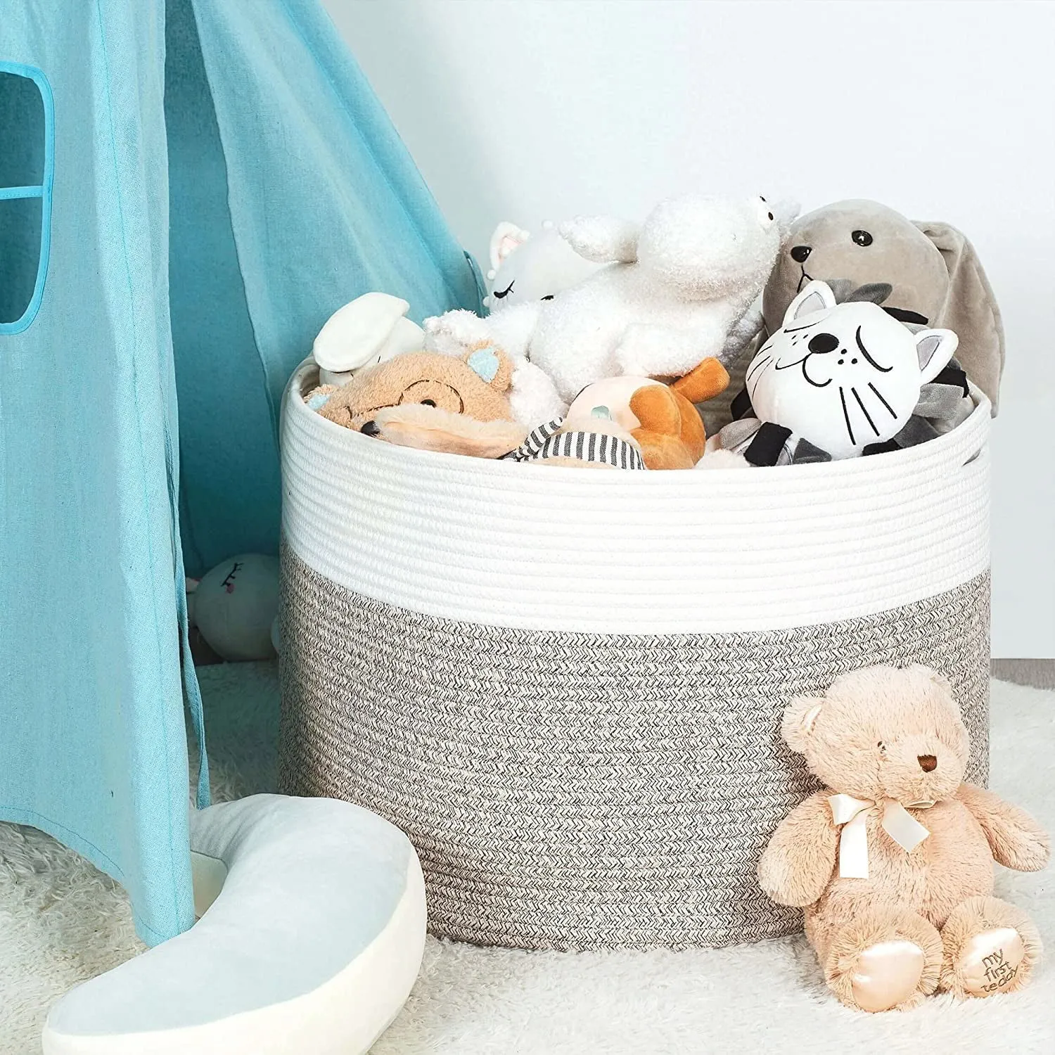 Cotton Rope Basket with Handles | 55 x 35cm | Grey/White | Toy, Laundry & Storage Basket