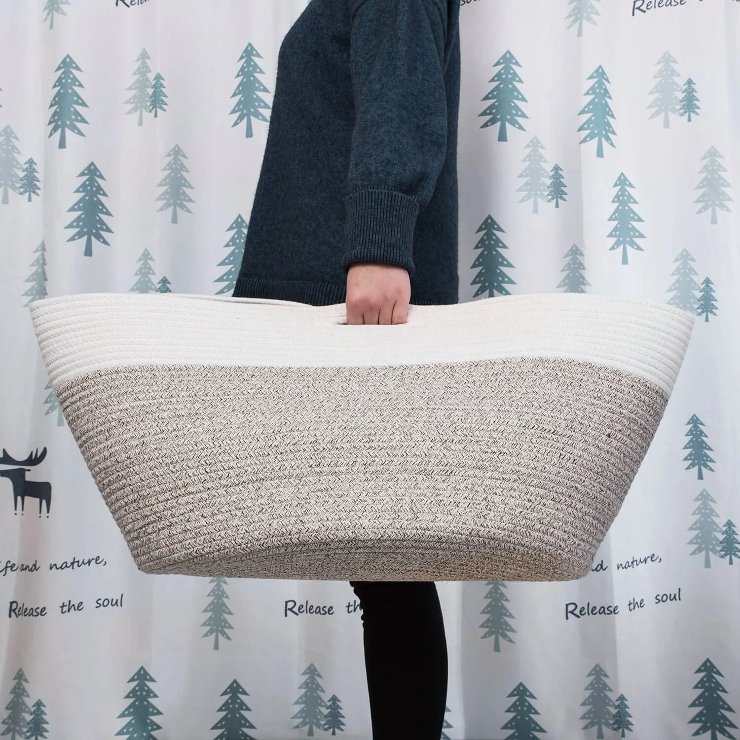 Cotton Rope Basket with Handles | 55 x 35cm | Grey/White | Toy, Laundry & Storage Basket