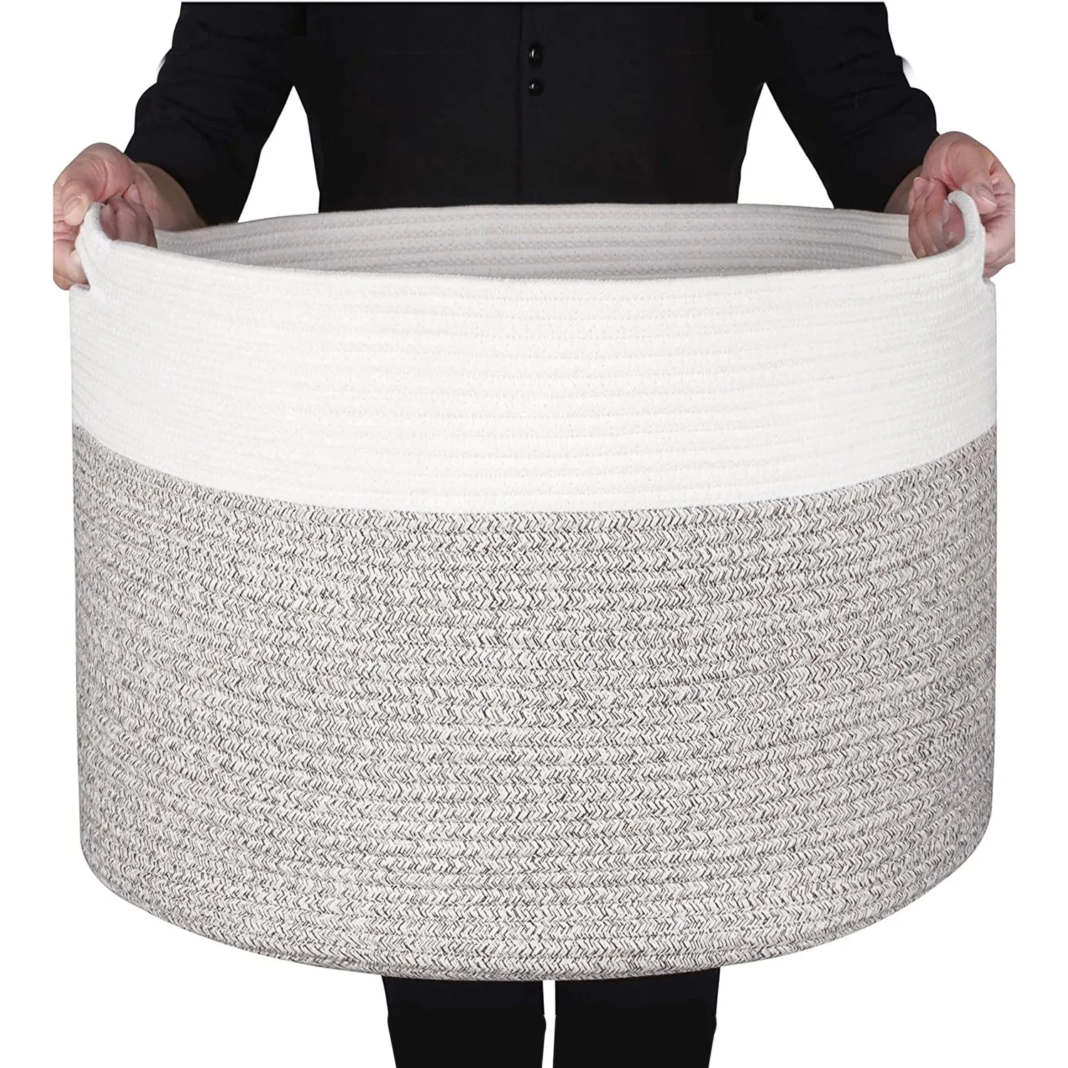 Cotton Rope Basket with Handles | 55 x 35cm | Grey/White | Toy, Laundry & Storage Basket