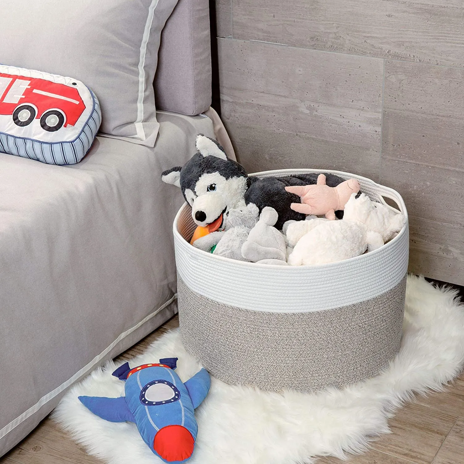 Cotton Rope Basket with Handles | 55 x 35cm | Grey/White | Toy, Laundry & Storage Basket
