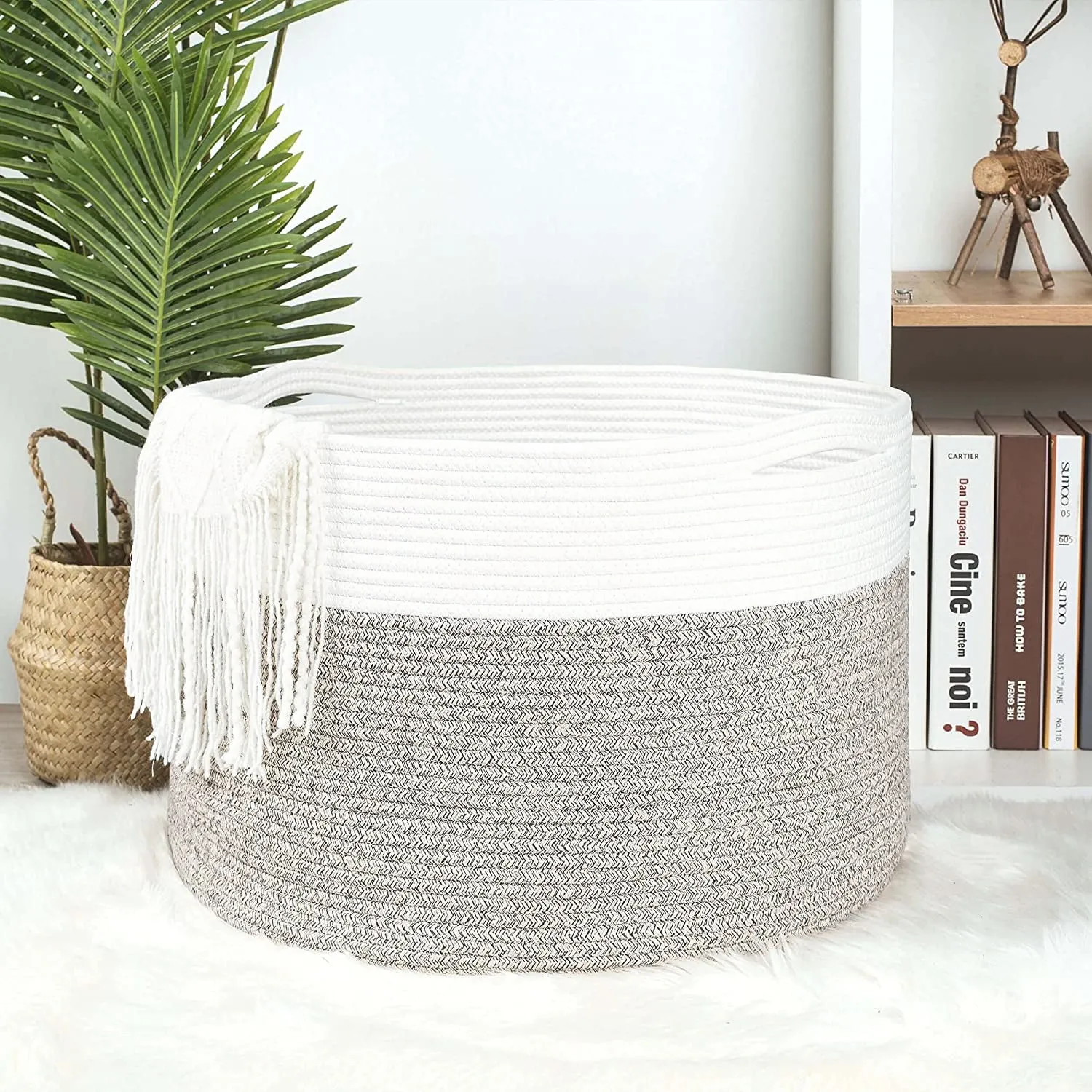 Cotton Rope Basket with Handles | 55 x 35cm | Grey/White | Toy, Laundry & Storage Basket
