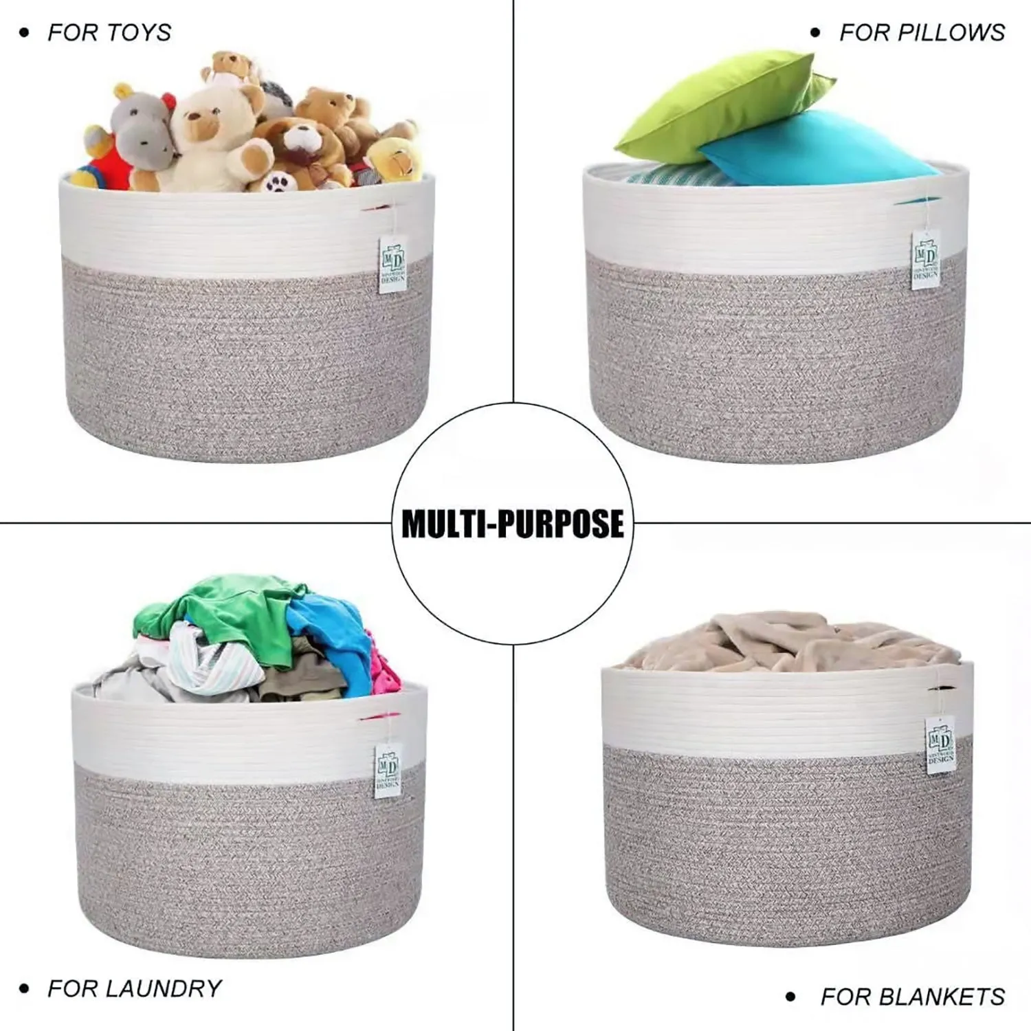 Cotton Rope Basket with Handles | 55 x 35cm | Grey/White | Toy, Laundry & Storage Basket