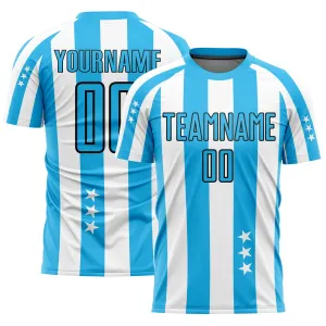 Custom White Sky Blue-Black Stars And Squares Sublimation Soccer Uniform Jersey
