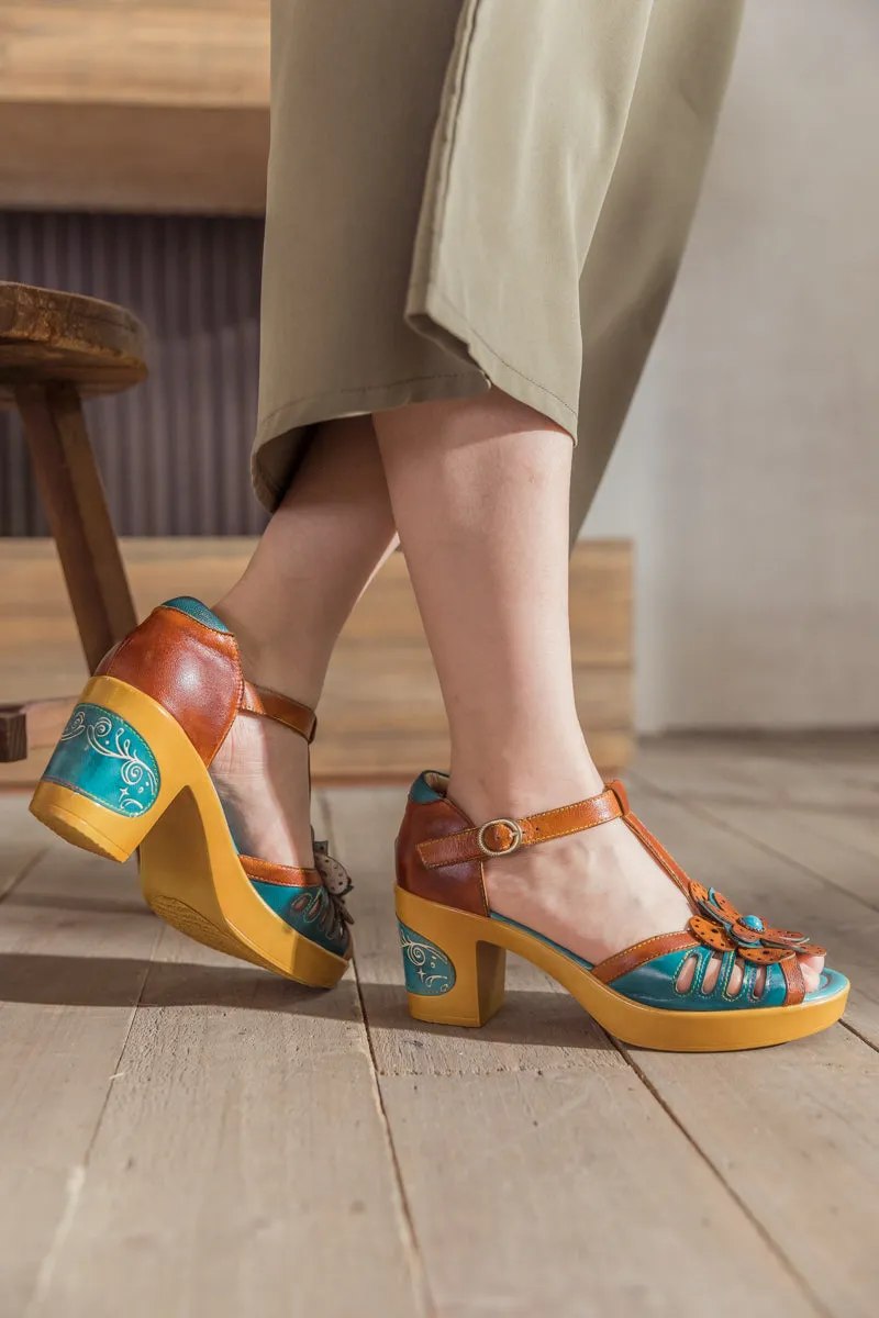 Daisy Applique T Strap Leather Sandal